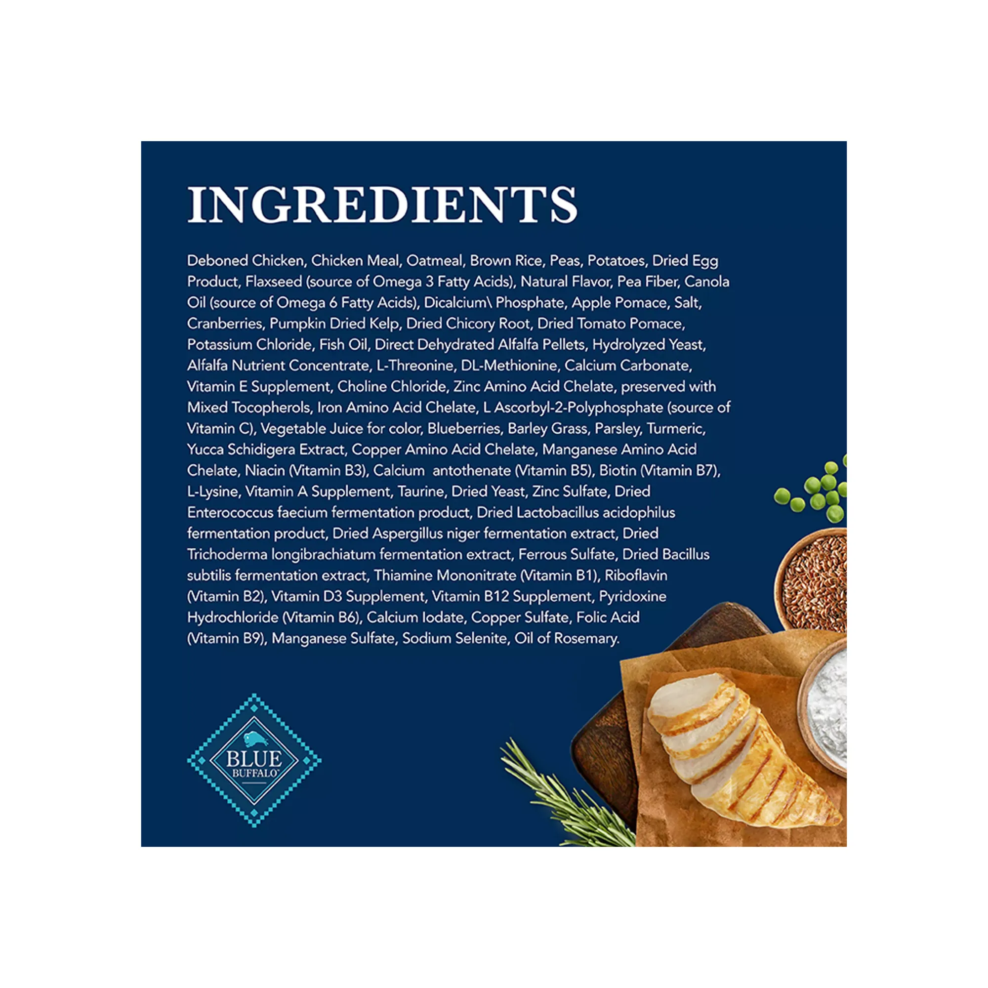 Close-up of Blue Buffalo dog food ingredients list showing 'Deboned Chicken' followed immediately by three separate grains: Brown Rice, Barley, and Oatmeal.