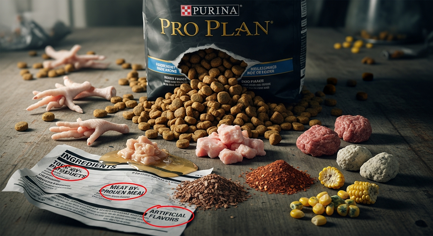 Purina Pro Plan ingredient label highlighting corn gluten meal and poultry by-product meal.