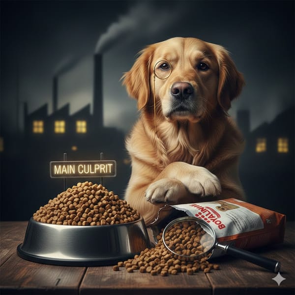 Concept art of 'The Kibble Critic' dog exposing the industrial truth behind processed pet food ingredients.